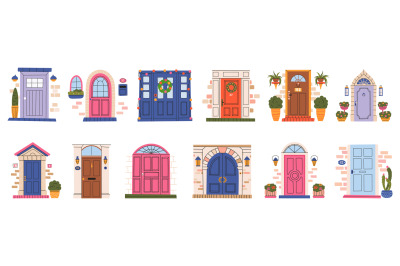 Hand drawn vintage front wooden doors, house or apartment entrances. H