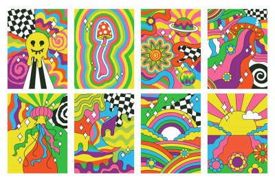 Hippie style, groovy vibes retro psychedelic art posters. Abstract 70s