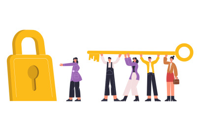 Tiny people carry giant golden key, success teamwork concept. Business