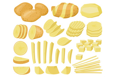 Cartoon potato, raw sliced potatoes, french fries, chips. Potatoes veg