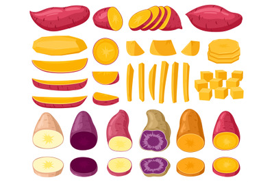 Cartoon sweet potato, raw sliced tasty batata root vegetable. Chopped