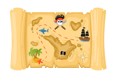 Cartoon pirate treasure map, old ancient papyrus scroll. Papyrus parch