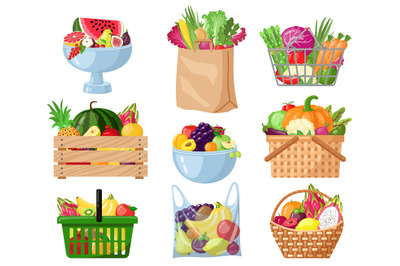 Cartoon fruits and vegetables in basket, shopping bag, bowl, boxes. Gr