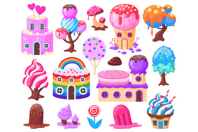 Cartoon fantasy sweet candy land landscape game elements. Sweets caram