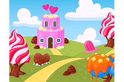 Cartoon fantasy sweet candy land landscape mobile game elements. Sweet