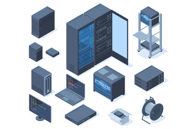 Isometric data center&2C; network technology and hosting servers equipmen