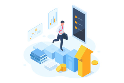 Isometric career growth, work progress, business goals achievement. Bu