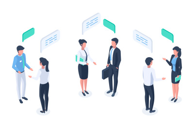 Isometric business people, speech bubble communication, brainstorming