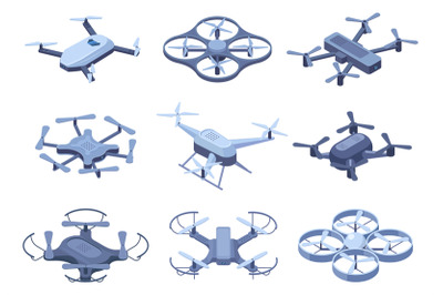 Isometric drones, flying quadcopter with remote controllers. Remote co