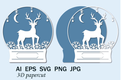 Snow Globe Christmas Reindeer SVG, Christmas Papercut