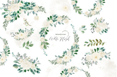 Elegant White Flowers Watercolor Clipart, Greenery White Floral Frame