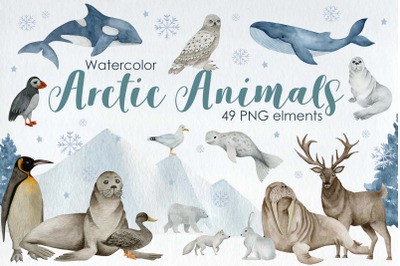 Watercolor arctic animals clipart.