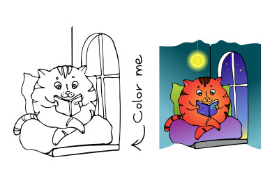 READING CAT coloring page for children of 4-6 years old +SVG