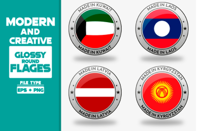 Made in Kuwait modern and creative round glossy flag set