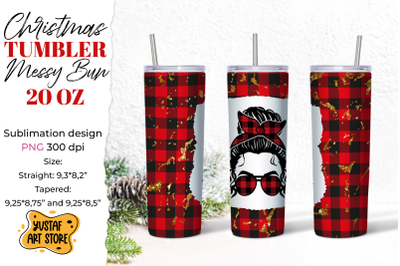 Christmas messy bun tumbler sublimation buffalo plaid design