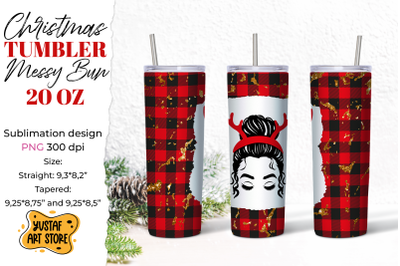 Christmas messy bun deer horns tumbler sublimation design