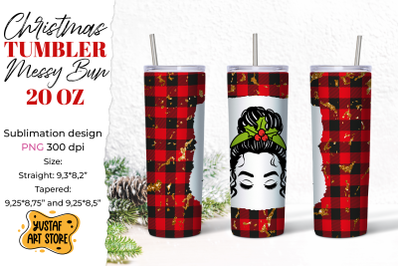 Christmas messy bun tumbler sublimation Buffalo plaid design