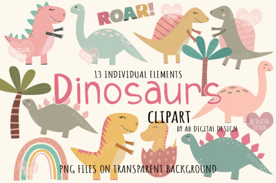 Cute Dinosaur Girls Clipart for Kids, PNG
