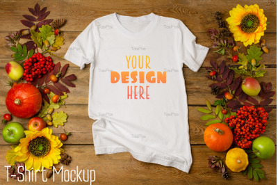 Unisex T-shirt mockup with sunflowers and rowanberry