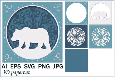 3D greeting card, Bear on mandala background, papercut