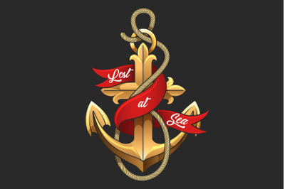 Golden Anchor with Red Banner Colorful Illustration