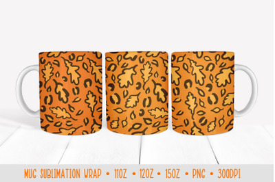 Autumn leaves Mug Sublimation Design. Fall leopard mug wrap