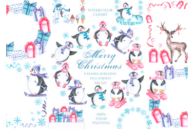 Penguin watercolor frame. Winter, New Year, Christmas. Deer, polar.