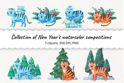 Watercolor new year illustrations with blue and red tiger