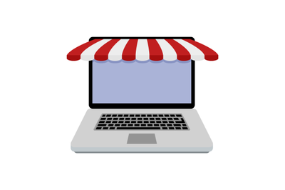Laptop online store showcase with stripped awning