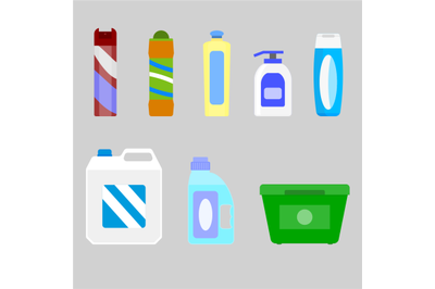 Domestic housework sanitary bottles vector, detergent packaging