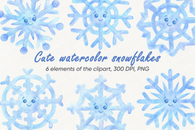 Snowflake Watercolor clipart, Winter png illustration, Christmas and New Year 2022, cute blue flake, snow character, sublimation design
