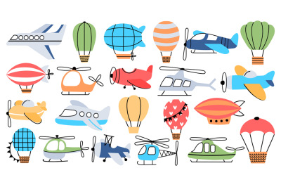 Air transport in childish style&2C; plane&2C; helicopter&2C; airship and balloo