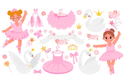 Cartoon ballet shoe, clothing, dancing ballerinas and swans. Cute ball