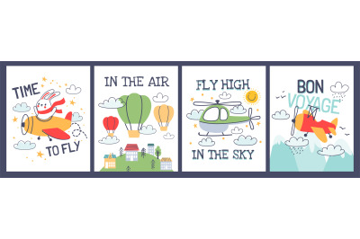 Cartoon baby t shirt prints with airplane and air balloons. Cute anima