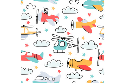 Seamless pattern for boy with cartoon kids airplane and helicopter. Nu