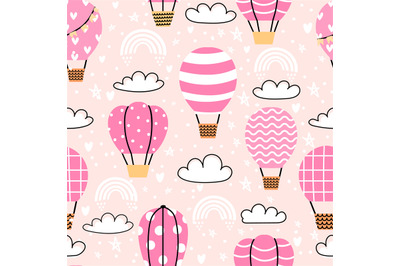 Cute seamless pattern with pink hot air balloons in sky. Childish prin