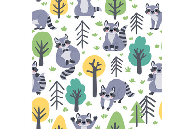 Cute seamless pattern with cartoon forest raccoons and trees. Childish