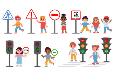 Children with traffic light and caution sign, road safety rules. Carto