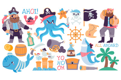 Cartoon pirate captain and sailor, skull, treasure chest and map. Adve