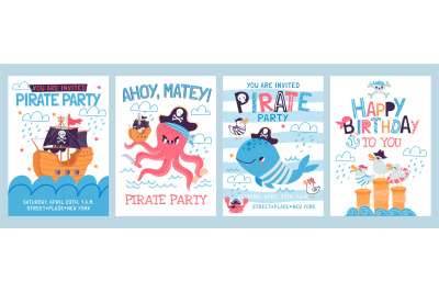 Cartoon pirate birthday party invitation cards for kids. Happy sea adv