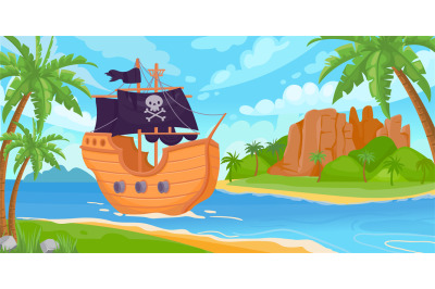 Sea landscape with tropical treasure island and sailing pirate ship. C