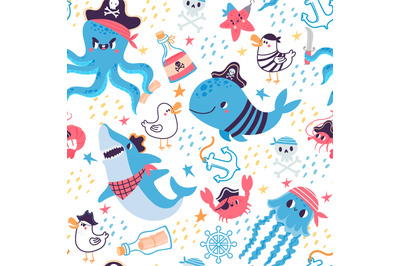 Funny cartoon seamless pattern for kids with pirate animals. Marine tr