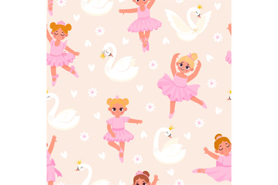 Cartoon little ballerina girls and swans seamless pattern. Fairy princ