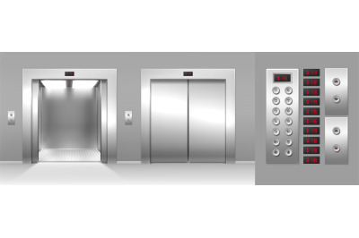 Realistic open and close elevator, buttons and floor number display. 3