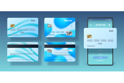 3d credit card front and back side design&2C; phone pay. Mobile bank app&2C;