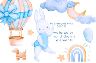 Nursery boy clipart, baby bunny watercolor clipart