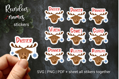 Christmas Reindeer names stickers. Rudolph Christmas ornament SVG