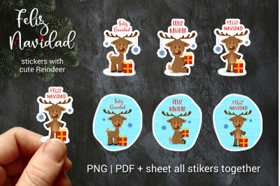 Merry Christmas in Spanish, Feliz Navidad cute reindeer stickers