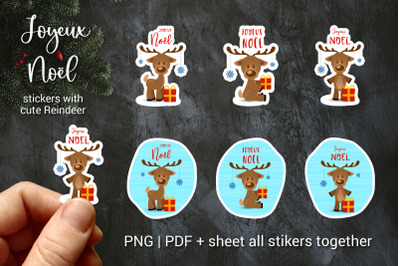 Merry Christmas in French, Joyeux Noel cute reindeer stickers