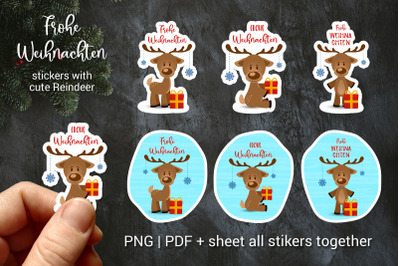 Merry Christmas in German, Frohe Weihnachten cute reindeer stickers